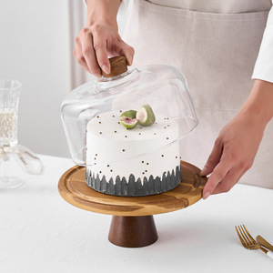 Plateau à gâteau rond sur pieds, <span class=keywords><strong>en</strong></span> acacia écologique, avec couvercle transparent <span class=keywords><strong>en</strong></span> verre, présentoir à desserts, plateau <span class=keywords><strong>en</strong></span> <span class=keywords><strong>bois</strong></span> pour hôtels - Product Image 3