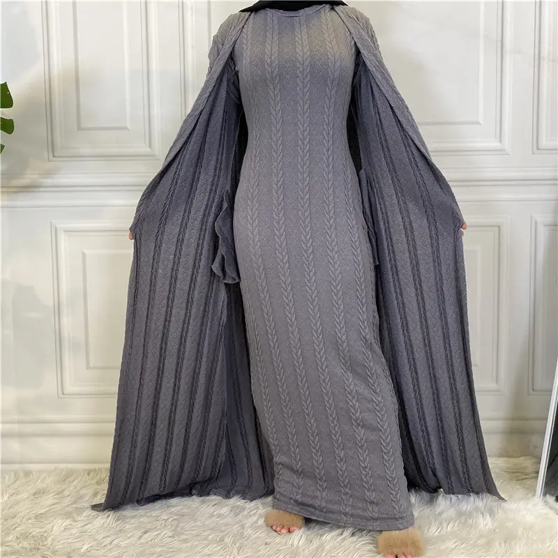 2022 Benutzer definierte traditionelle muslimische Kleidung Set gestrickte Frauen Strickjacke Pullover offen abaya islamisches Kleid eid zweiteilig Set muslim isch
