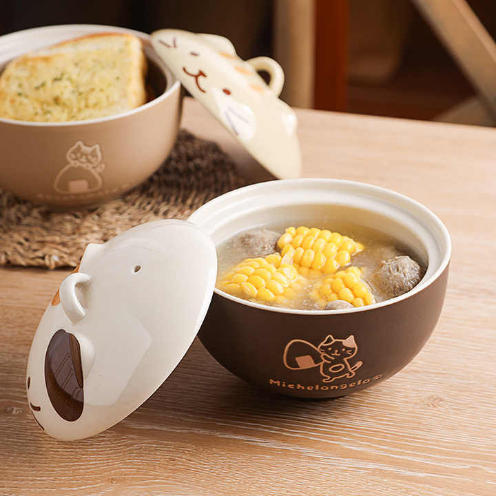 Cute Japanese Cat Ramen Bowl With Lid Ceramic Noodle Soup Bowls Kitchen Tableware Serving Dishes Funny Kitten Fruit Food Bowl