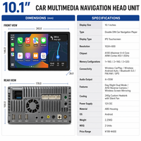 Écran tactile LCD IPS 10,1 pouces 1024x600 pour voiture avec CarPlay sans fil, Android Auto et caméra de recul
