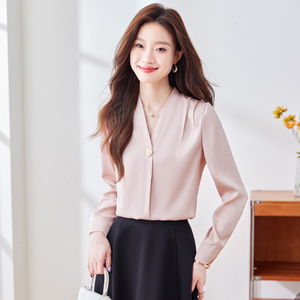 Women Satin Long Sleeve Blouse V Neck Polyester Elegant Commuting Shirt - Product Image 1