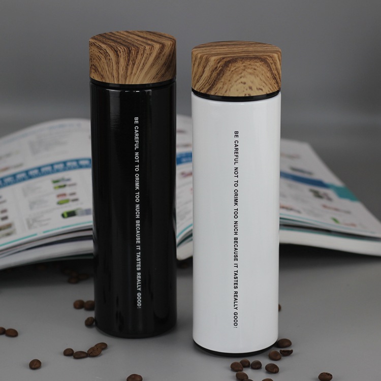 Double Wall Stainless Steel Insulated Vacuum Flask Hot Cool Drinking Water Bottle with Wooden Grain Color Lid