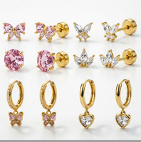 Juego de Aretes de Aro de Acero Inoxidable con Baño de Oro y Circonitas, Diseño de Mariposa, Corazón y Flor, Joyería para Piercing de Cartílago, Regalo para Mujer
