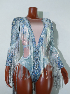 Body iridescente azzurro scintillante con frange di strass, <span class=keywords><strong>costume</strong></span> <span class=keywords><strong>da</strong></span> <span class=keywords><strong>regina</strong></span> del ghiaccio per drag queen e artisti - Product Image 2