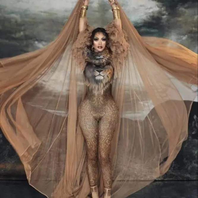 Сексуальный женский костюм короля Лев, женская одежда для сценического танца, длинный хвост, одежда для диджея, ночного клуба, вечерние платья для празднования дня рождения