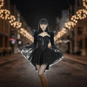 Robe corset gothique noire Lolita avec dentelle, corsage à lacets, taille haute, mini-robe pour soirée décontractée - Product Image 3