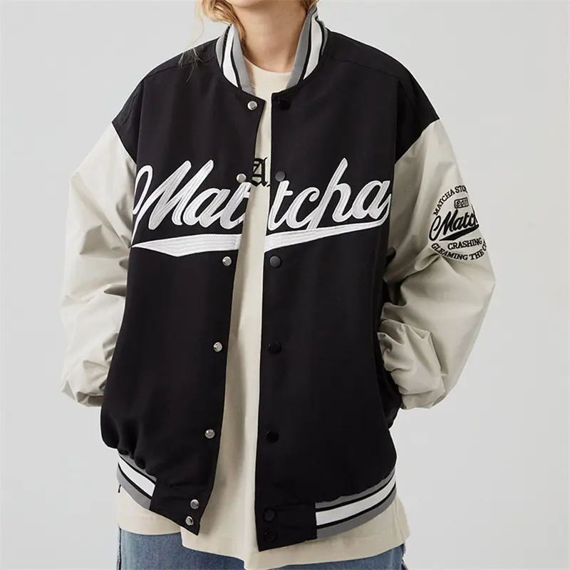 Hochwertige Damen Lederjacke Winterstickerei Ärmel Vintage Baseball Varsity Jackette für Damen