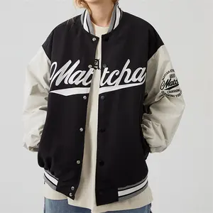 Jaqueta de couro vintage para mulheres, jaqueta de beisebol vintage com manga bordada de inverno, de alta qualidade