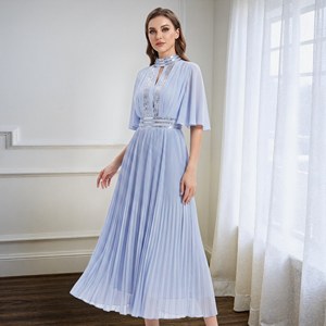 Abito da sera lungo in chiffon fatto a mano, modello pieghettato, tinta unita <span class=keywords><strong>azzurro</strong></span>, nuovo arrivo 2026, personalizzato per donne musulmane - Product Image 3