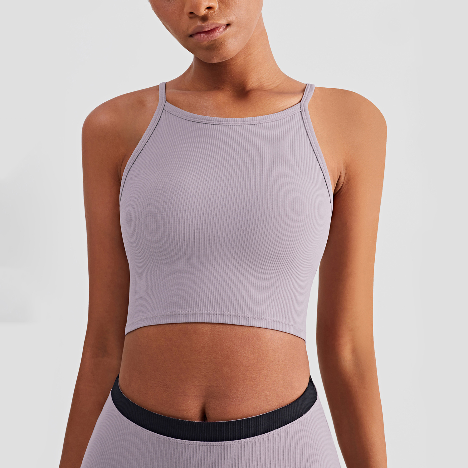 Trendy Design Gym Yoga Top Stretchy Full Cup Yoga Bra High Neck Removable Padded Ribbed Sports Bra