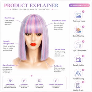 Perruque synthétique courte et droite, style bob, multicolore arc-en-ciel, avec frange, résistante à la chaleur, réglable, pour femme, avec racine naturelle, vente en gros - Product Image 3