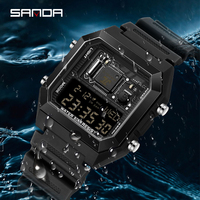 SANDA 6216 Jam Tangan Elektronik Mewah Pria Kronograf Persegi Tanggal 5BAR Tahan Air Tali Silikon Tampilan Digital MIYOTA