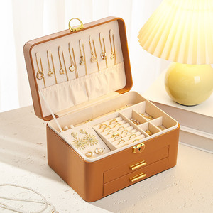 Boîte à bijoux élégante en cuir PU avec serrure à clé, 3 étages, grande capacité, organiseur de colliers et de bagues - Product Image 3