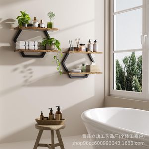 Hexagonal Wall <b>Shelf</b> Wood And Metal 2 Tier Multi Functional Storage For <b>Bedroom</b> Living Room - Product Image 5