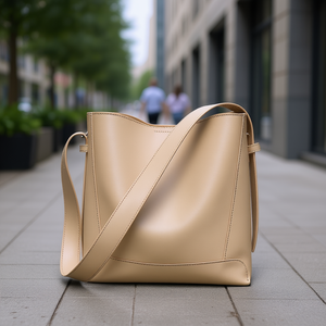 Sac fourre-tout surdimensionné en cuir véritable tendance 25,5x24x11cm avec fermeture éclair et bandoulière amovible, sac seau pour femme toutes saisons - Product Image 2