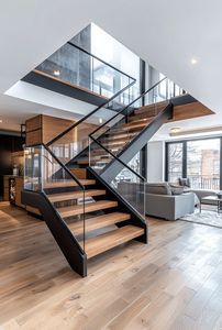 <span class=keywords><strong>Escalier</strong></span> flottant Prima Elegant avec marches <span class=keywords><strong>en</strong></span> chêne naturel et garde-corps <span class=keywords><strong>en</strong></span> panneaux de verre transparent pour des intérieurs modernes et intemporels - Product Image 5