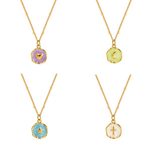 <span class=keywords><strong>Collana</strong></span> Impermeabile con Smalto Colorato, Ciondolo Asimmetrico a Moneta con Croce, Cuore e <span class=keywords><strong>Luna</strong></span> in Acciaio Inox Placcato <span class=keywords><strong>Oro</strong></span> 18K PVD - Product Image 5