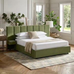 Lit plateforme moderne en velours massif, cadre de lit en bois rembourré en velours, tête de lit, tailles Queen et King, cadre de lit en bois - Product Image 6