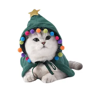 Рождественский костюм для питомца, накидка для щенка, Рождественская накидка со звездой и помпонами, накидка для кошки и Санты с шапкой Санты, платье для косплея для вечеринки для кошек