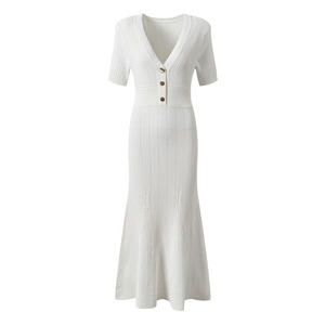 QDZ <span class=keywords><strong>CH</strong></span> Early Fall New Blue V-Neck Slim Knit Dress para mujer Venta al por mayor Casual White Vestidos largos Hollow Decoration - Product Image 2