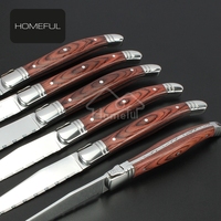 Couteau de cuisine haut de gamme en acier inoxydable, couteau à steak Laguiole dentelé de 4,5 pouces avec manche en bois Pakka