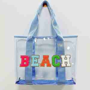 Bolsa de Mano de PVC Transparente Reutilizable Azul Personalizada de Alta Calidad con Letras Coloridas para Viajes a la Playa y Compras - Product Image 1