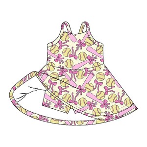 Vestido de Verano Personalizado para Niñas con Estampado de Béisbol, Sin Mangas, Corte en A, Largo hasta la Rodilla, Bonito y Casual, con Pantalones Cortos Incorporados - Product Image 3