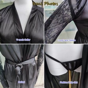 2024 Women Fashion Robe Set Long Lace Sleeve Belted <strong>Maxi</strong> <strong>Nightdress</strong> +Thongs Set Lady Satin Sleepwear Sexy Lingerie Bathrobe - Product Image 5