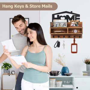 Wooden Wall-Mounted Key <b>Rack</b> With Hooks And <b>Shelf</b> For Home Entryway Storage Organization - Product Image 5