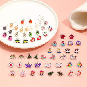 Ensemble de boucles d'oreilles en émail pour enfants, Mini sirène, papillon, grenouille, Animal, marguerite - Product Image 2