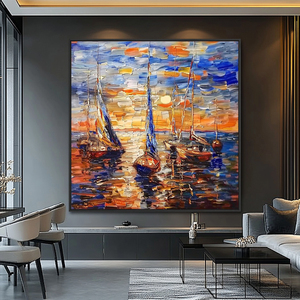 Impressionista tela fatta a mano tramonto <span class=keywords><strong>barche</strong></span> a vela 3D arte della parete decorazioni per la casa paesaggi marini dipinti - Product Image 3