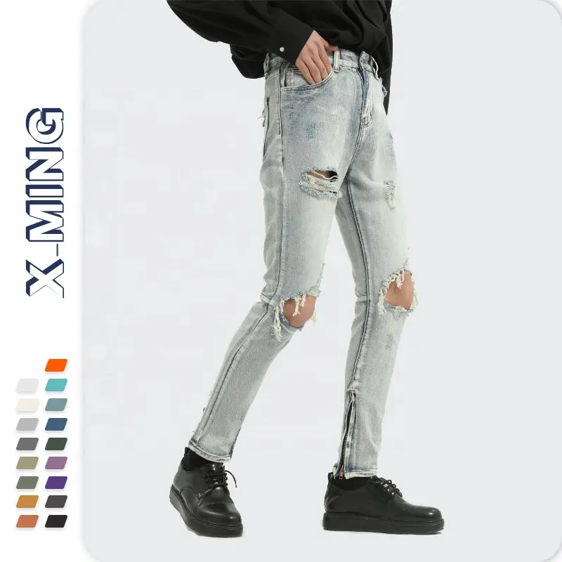 Benutzer definierte OEM Männer Vintage Denim zerrissen Skinny Jeans Denim Hochwertige Distressed Hose für Mann Stretch Wash Blue Jeans mit Logo