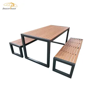 Mesa de jantar e bancos para jardim externo, conjunto moderno de metal, novo mobiliário de exterior, banco de madeira e alumínio para jardim