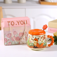 Mug en porcelaine avec couvercle et cuillère motif lapin floral - Design créatif personnalisé de dessin animé, compatible lave-vaisselle/micro-ondes, anti-fuite, boîte cadeau