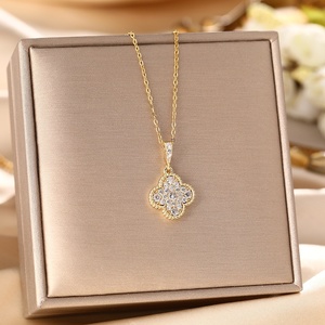Collar de trébol de acero inoxidable de circón chapado en oro de 18 quilates para mujer, cadena de eslabones con patrón Floral a la moda, joyería de moda, Bisutería - Product Image 2