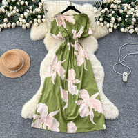 Robes longues d'été vintage à imprimé floral pour femmes, col en V croisé, manches courtes, taille torsadée, fente élégante