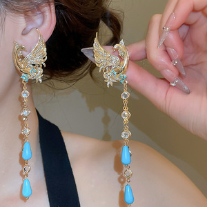 Boucles d'oreilles créoles géométriques en bois tendance avec ensemble d'aiguilles et pendentif Phénix, style chinois fluide, bijoux de mariage unisexe - Product Image 2