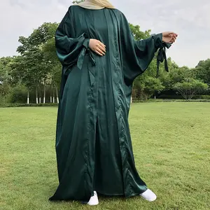 Kimono and Under Dress Set EID High Quality Satin Robe Islamic Clothing Muslim Women Dresses Two Pieces Abaya Set