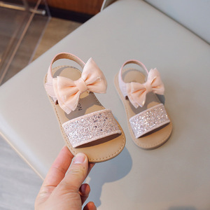 Sandales plates pour bébés filles, nouvelle mode, avec nœud scintillant, semelle souple, design nœud papillon, paillettes, style princesse, vente en gros - Product Image 3
