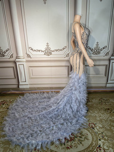 Diamonds Evening Party Dress Sleeveless Gray Feather Tail Long Dresses Women Feather <strong>Robe</strong>