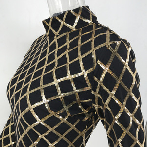 Automne Femmes Vêtements À Manches Longues Col Roulé Noir Or Plaid Paillettes Perlées Mini Robe De Soirée - Product Image 3