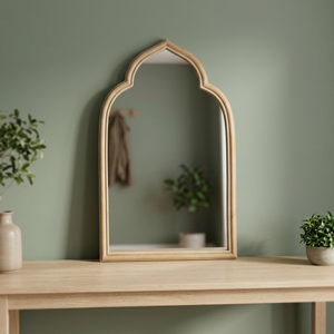 Standing <b>Mirror</b> Semi <b>Rectangle</b> with Dome Shaped Decor <b>Mirror</b> Rattan Cane Framed and Rattan Skin on Weaving Shorter Version - Product Image 2