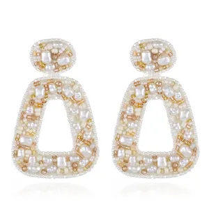 Vintage Irregularity Handmade Felt Color Seed Beads Beaded Stud Earrings Glitter Rhinestone Earrings Jewelry