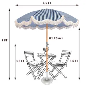 Wholesale Premium Outdoor Blue Wooden Pole Fringe Beach Umbrella With Tassels