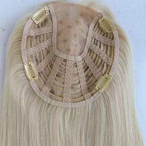 7x7" Human Hair <strong>Topper</strong> Mono Base <strong>Open</strong> Wefts at Back Jewish Kosher Hair <strong>Topper</strong> Blond - Product Image 2