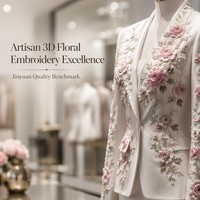 Ensemble tailleur deux pièces pour femme, blazer brodé de roses 3D et pantalon large, élégant et formel, blanc ivoire, sur mesure, luxe, été