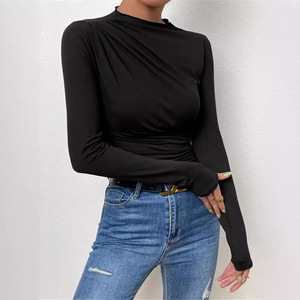 Camicetta da <span class=keywords><strong>donna</strong></span> a maniche lunghe in rayon, girocollo alto, tinta unita, vestibilità slim, design plissettato versatile, collezione Primavera 2024, 140g - Product Image 2