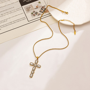 Stainless Steel <b>Cross</b> Necklace 18K Gold Plated White Diamond Pave Setting Adjustable <b>Chain</b> European Style Fashion Pendant - Product Image 3