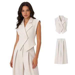 Customize <b>Beige</b> Notched Collar Single Button Vest <b>Waistcoat</b> Zipper Fly Full Length Long Pants Casual Fashion 2 Piece Knee Set - Product Image 1