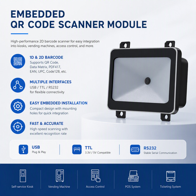 USB TTL RS232 Interface Mini Embedded QR Code Reader Module Fast Scan 1D 2D Barcode Scanner for Vending Machines Access Control